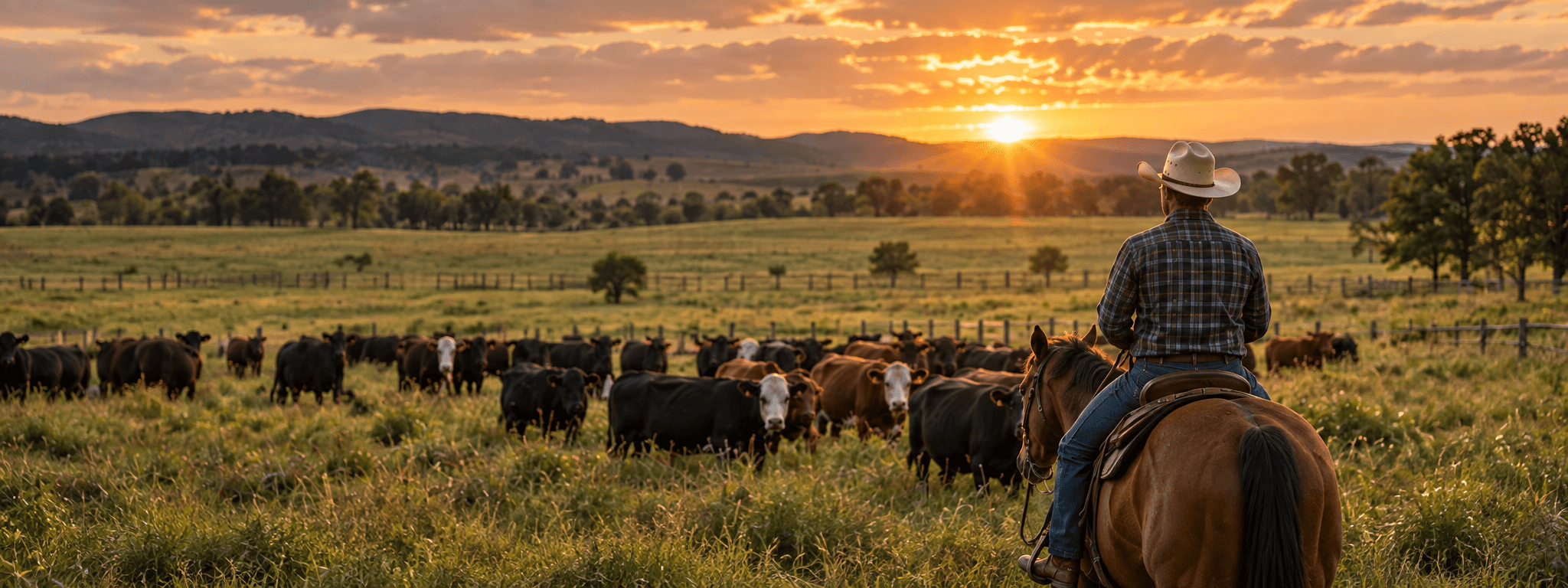 Cattle grazing on a ranch at sunset